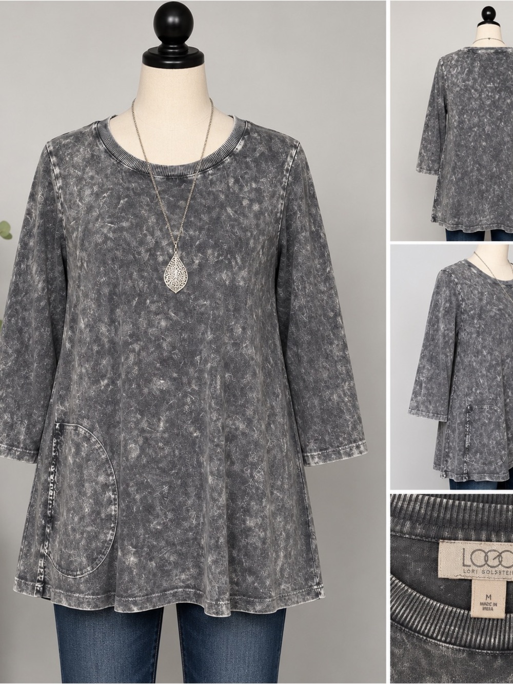 LOGO by Lori Goldstein Gray Mineral Wash Tunic M Cotton 3/4 Sleeve Pocket Casual